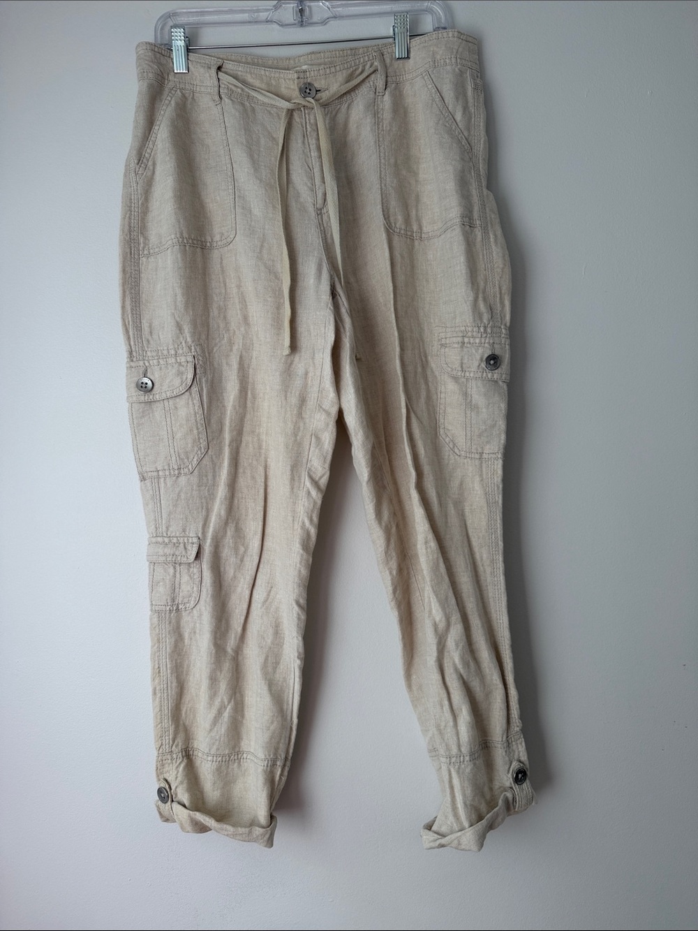 Chico's Linen Cropped Drawstring Cargo Pants in Beige Sz 1.5